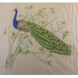 A watercolour on silk of a peacock, 42 x 48cm, and a 20th century embroidery of two parrots,