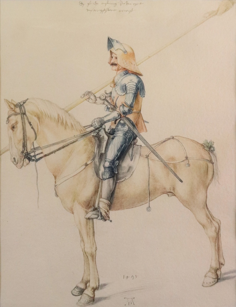 A colour reproduction print of a knight on horseback, possibly Don Quixote, 39 x 30cm,