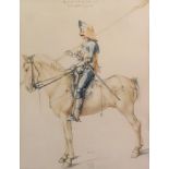 A colour reproduction print of a knight on horseback, possibly Don Quixote, 39 x 30cm,
