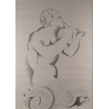 R Jones (British, 20th Century), A classical figure blowing on a shell,