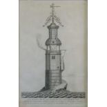 An engraving of the south Elevation of the original lighthouse built upon the Edystone Rock,