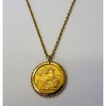 A George V sovereign 1912, in a 9ct gold pendant mount, having a ribbon twist border,