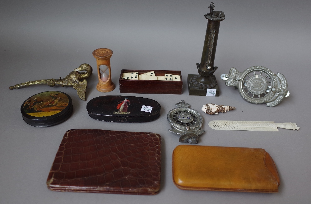 A quantity of collectables including a set of early 19th century pocket scales in a painted metal