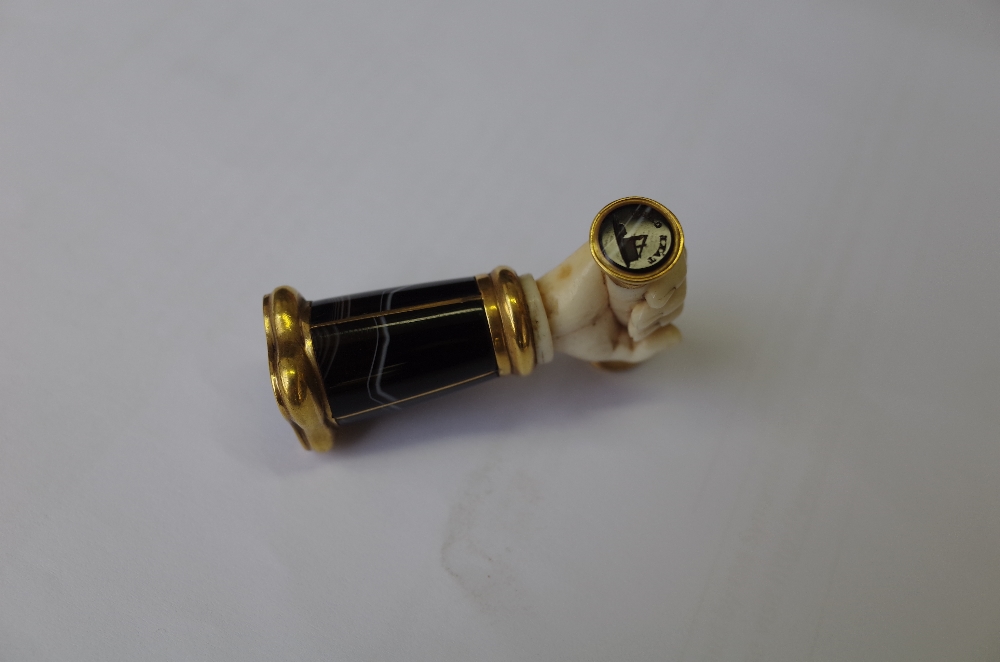 A Victorian agate, gilt metal and ivory set seal, possibly Masonic, - Image 5 of 6