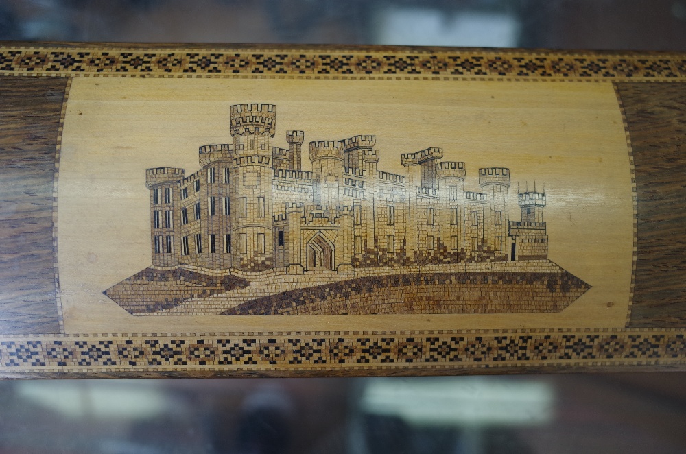 A Tunbridge ware glove box, late 19th century, the domed hinged lid parquetry inlaid with a castle, - Image 3 of 4