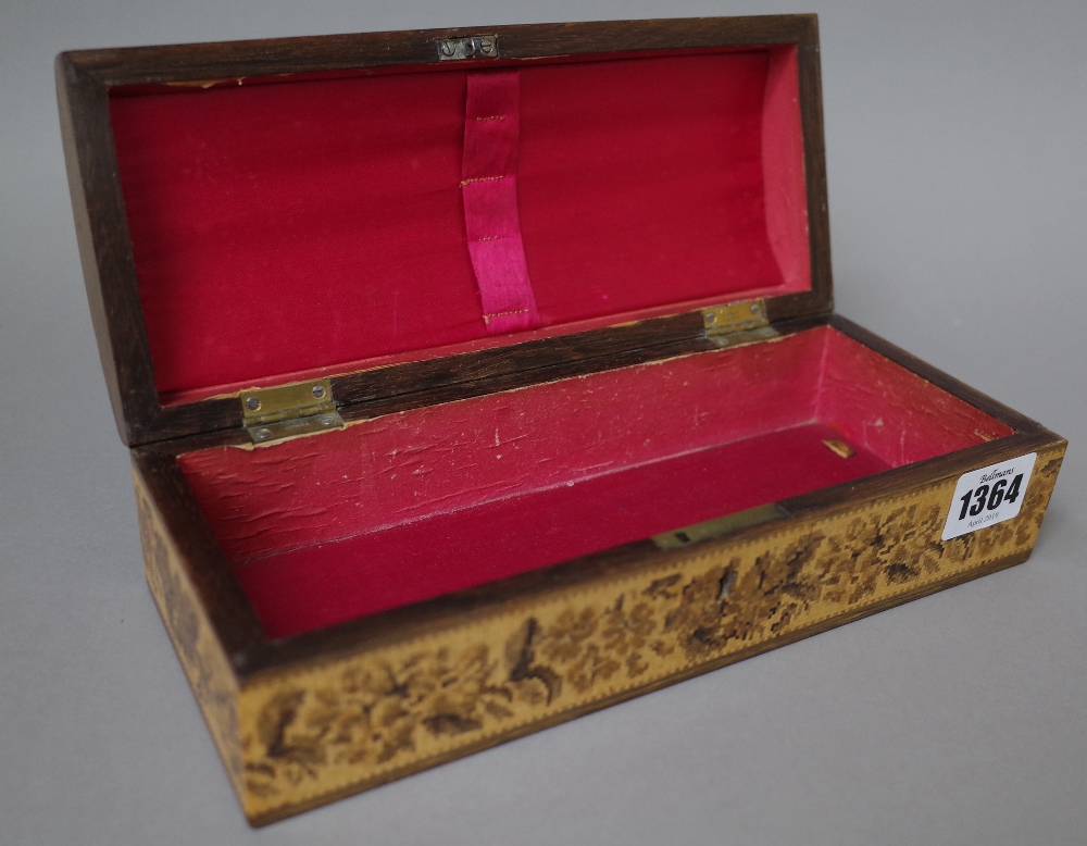 A Tunbridge ware glove box, late 19th century, the domed hinged lid parquetry inlaid with a castle, - Image 2 of 4
