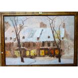 English School (late 20th century), Village under snow, oil on canvas, 59.5cm x 85cm.