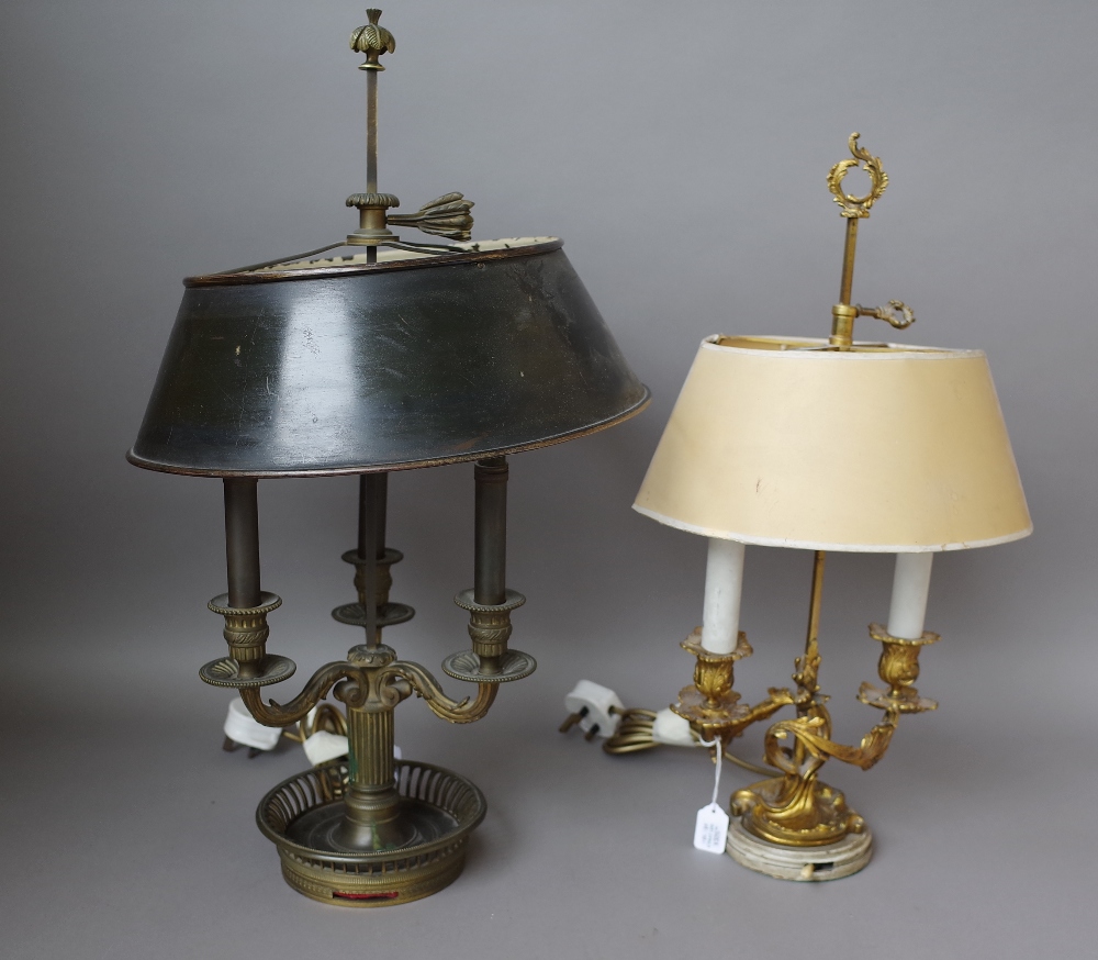 A French ormolu bouillotte table lamp, early 20th century, with three foliate scroll arms,