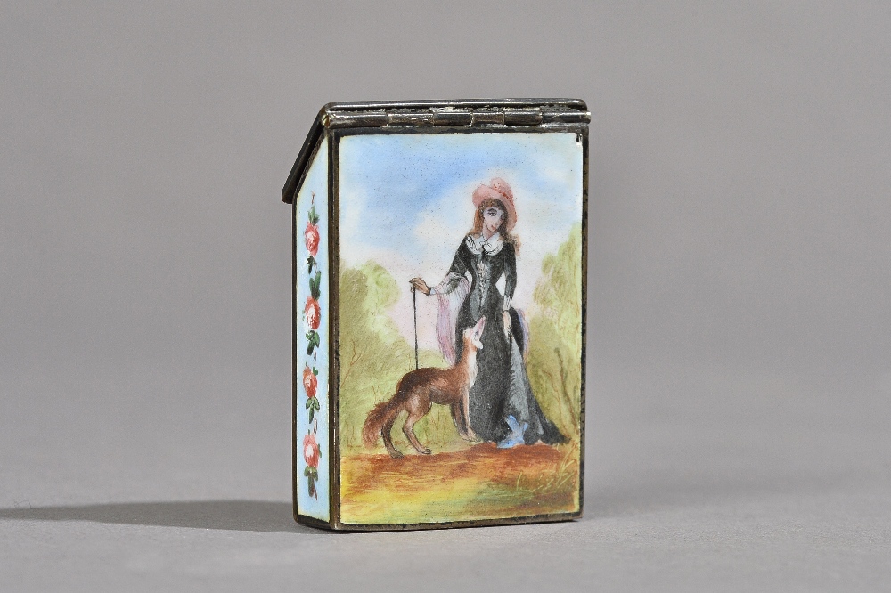 A Victorian enamel vesta case decorated with playful foxes, - Image 2 of 2