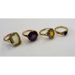 A gold ring, claw set with a cut cornered rectangular step cut, pale green quartz, a gold ring,