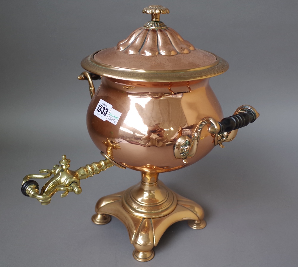A Victorian copper and brass mounted samovar of circular form,