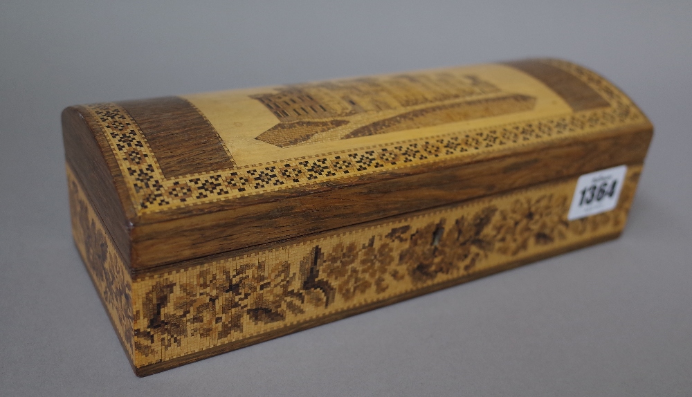 A Tunbridge ware glove box, late 19th century, the domed hinged lid parquetry inlaid with a castle,