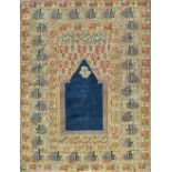 A Ghiordes prayer rug, Turkey, the plain indigo mehrab with a flower filled arch,