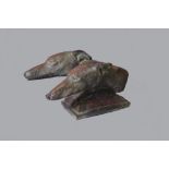 A modern bronzed pottery animalier bust of two greyhound heads, stepped plinth base,