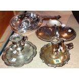 Silver plated wares, including; two similar Georgian candle holders and a quantity of dishes,