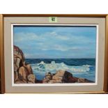 Mary Dadaconstantinou (20th century), Breakers on the coast, oil on canvasboard,