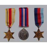 Three World War II service medals and ribbons, Africa Star, 1939-45 Star and 1939-45 War medal, (3).