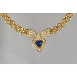 A gold, sapphire and diamond pendant necklace,