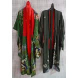 Two Japanese furisode, 20th century, one printed with a fan, an hexagonal tub,