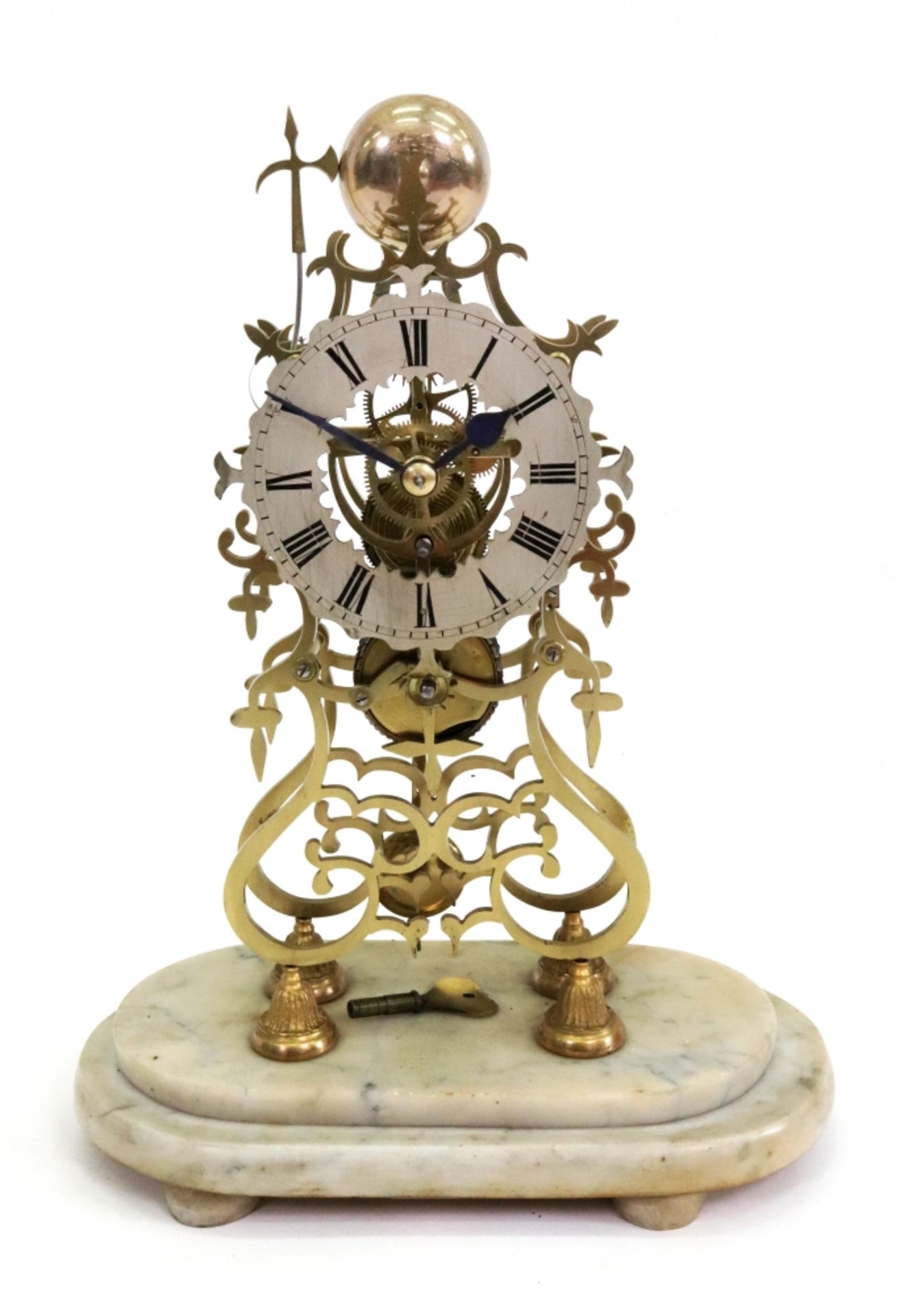 A Victorian brass skeleton clock, of open scrollwork form, the silvered dial with Roman numerals, - Image 3 of 6