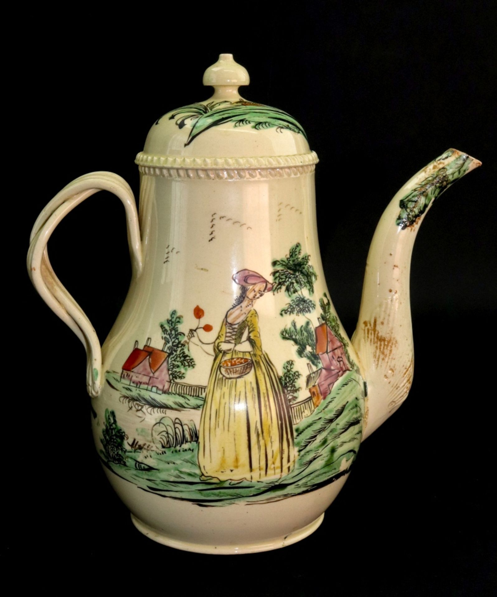 A Leeds creamware pear shape coffee pot and cover, circa 1770, set with an entwined ribbed handle, - Image 2 of 6