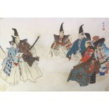 A Japanese print of Samurai figures, highlighted by hand, signed, 21.5 x 31.5cm.
