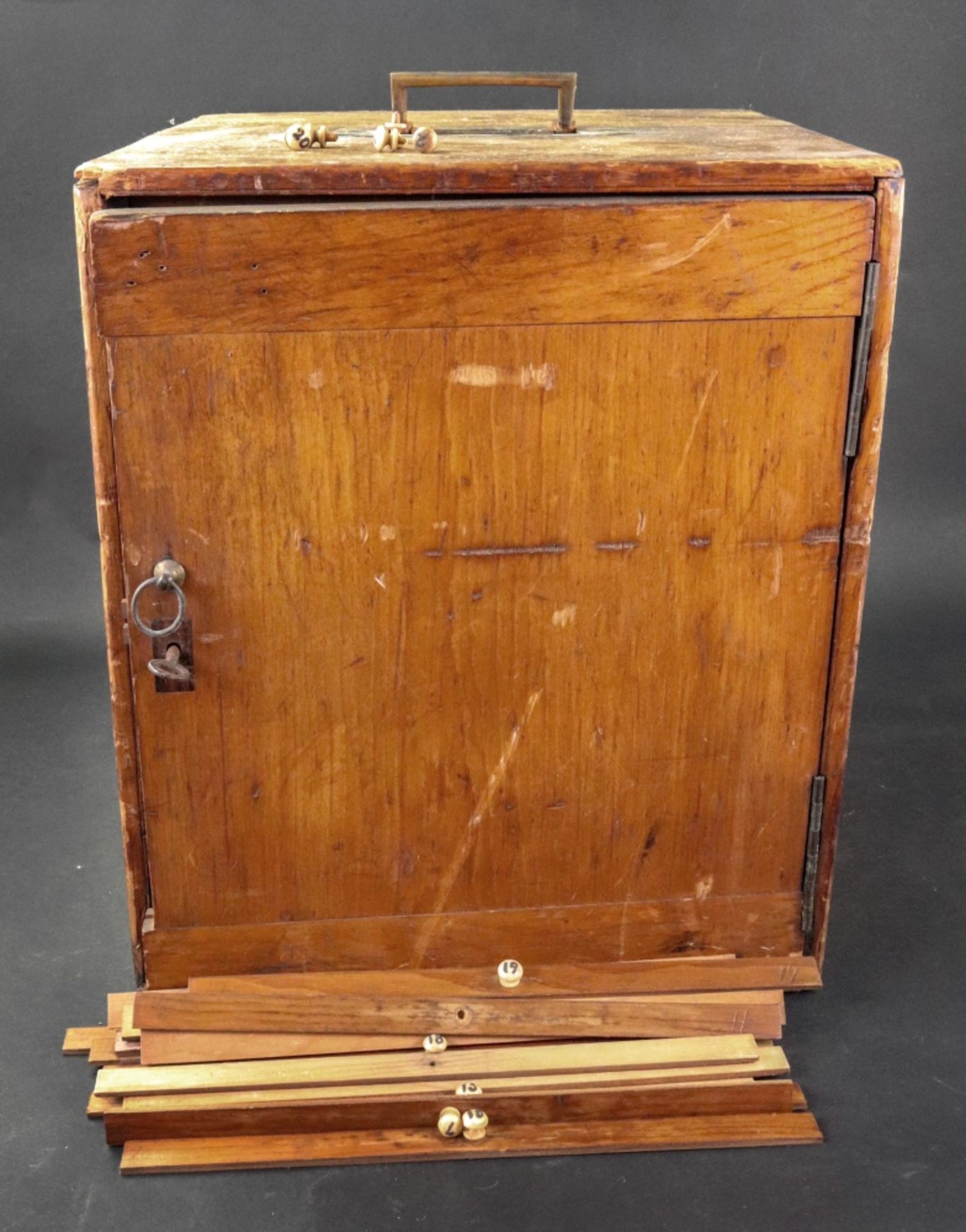 A late Victorian stained pine microscope slide cabinet,