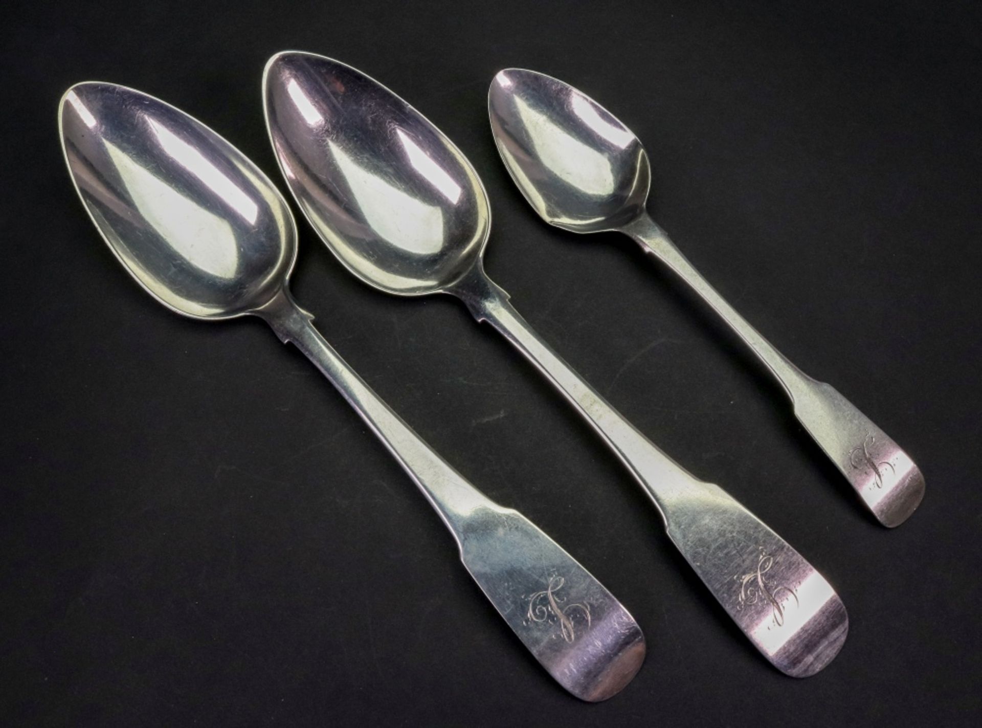 A pair of George III Irish silver fiddle pattern table spoons, Dublin 1802, William Ward,