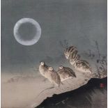 A set of four Japanese prints with some hand colouring, comprising; Birds on a moonlit evening,