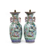 A large pair of Chinese famille rose two handled baluster vases, 19th century,