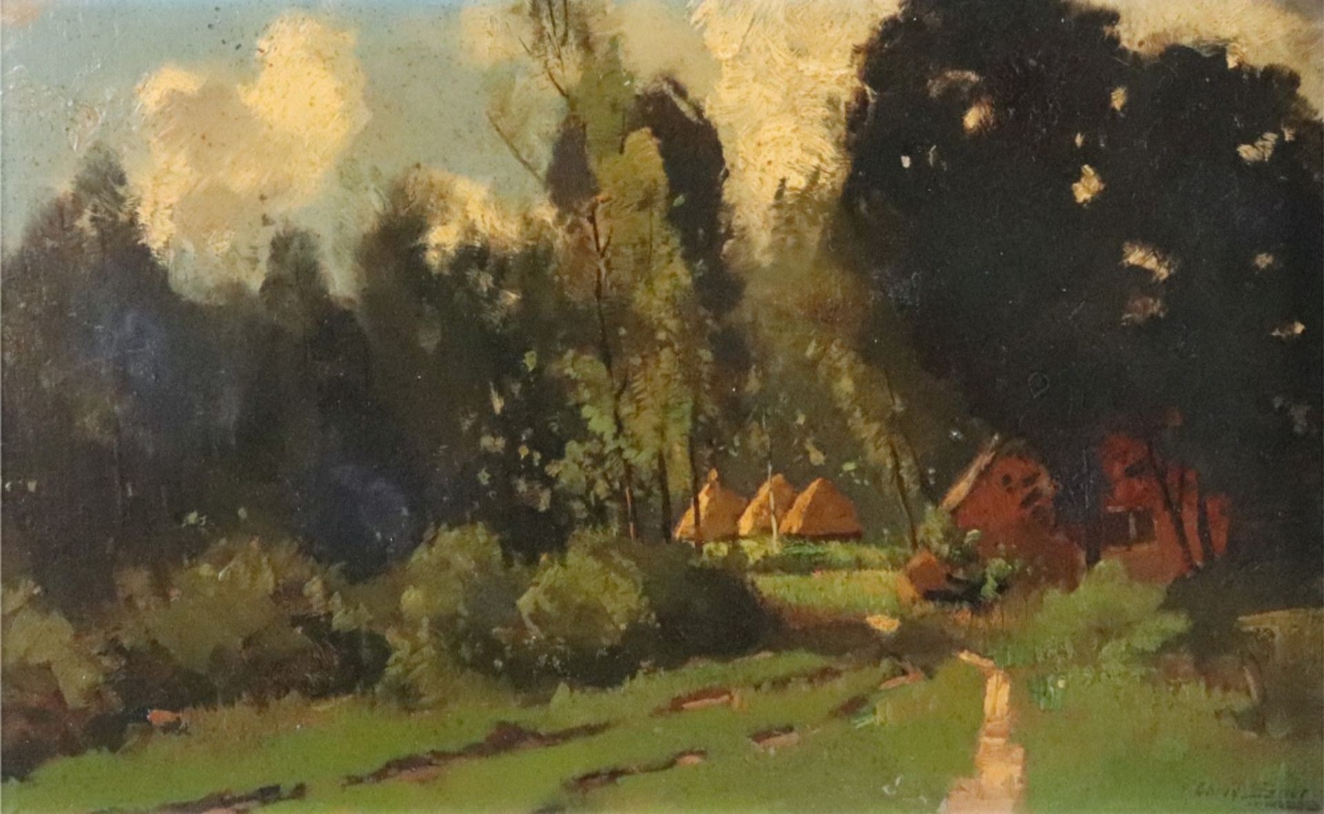Chris Sirer (20th Century), Huts and a dwelling in a wooded landscape,