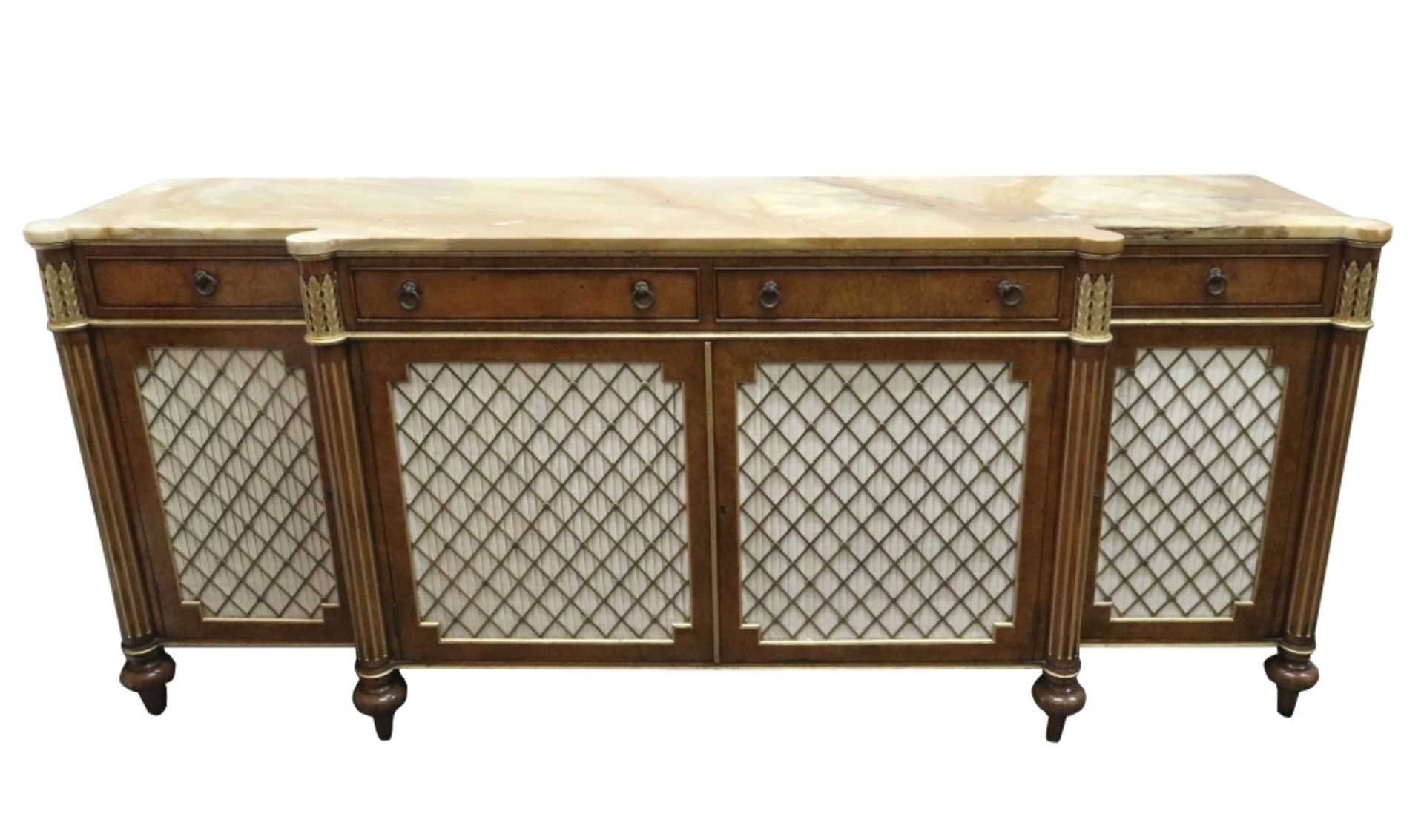A Regency style burr ash and gilt dwarf breakfront side cabinet,