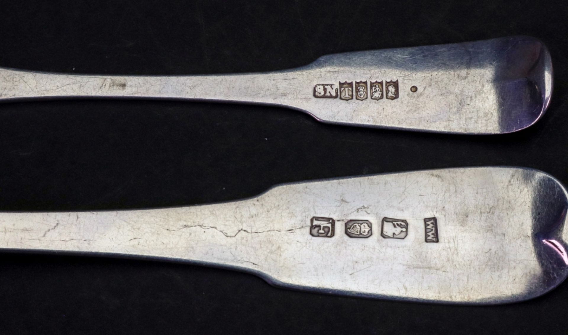 A pair of George III Irish silver fiddle pattern table spoons, Dublin 1802, William Ward, - Image 2 of 2