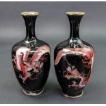 A pair of Japanese cloisonne vases, Meiji period, ovoid form with waisted necks,