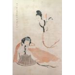 A Chinese print of two figures, one holding a candle, the other reading, 48 x 31cm.