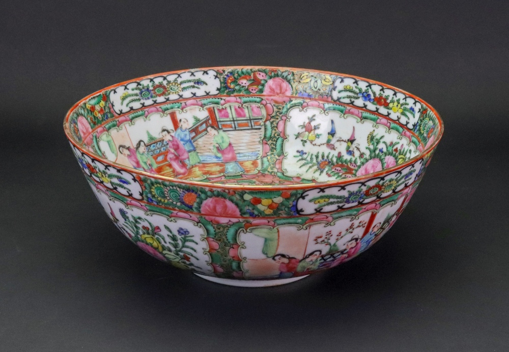 A Chinese famille rose bowl, early 20th century, enamelled with panels of figures,
