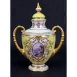 A Coalport bone china yellow ground two handled vase and cover, circa 1900,