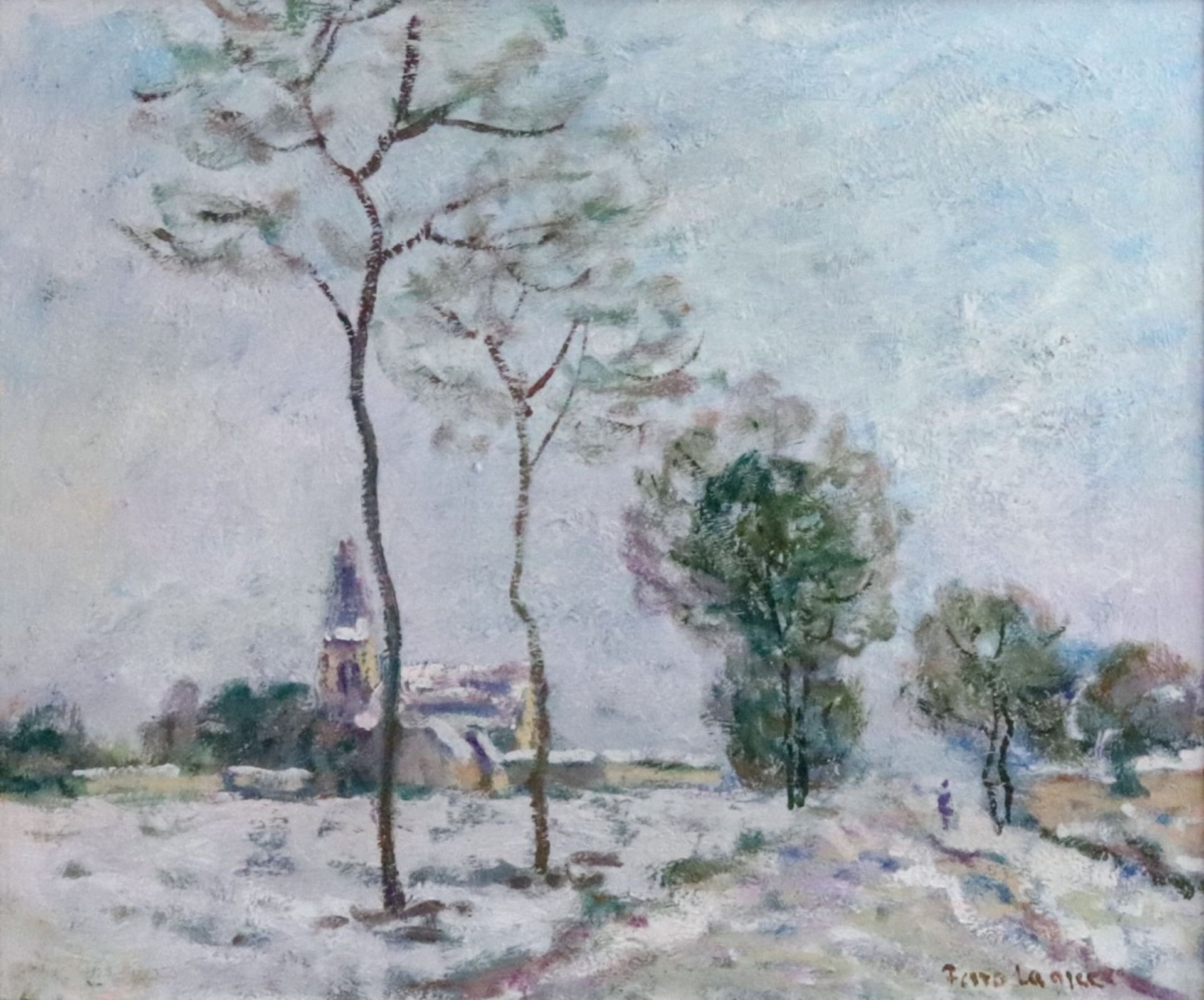 Ferro la Gice (European, 20th Century), Winter landscape with a church,