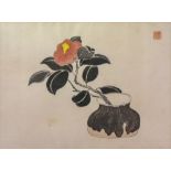 A Japanese woodblock print of a flower in a pot, 26 x 34.5cm.