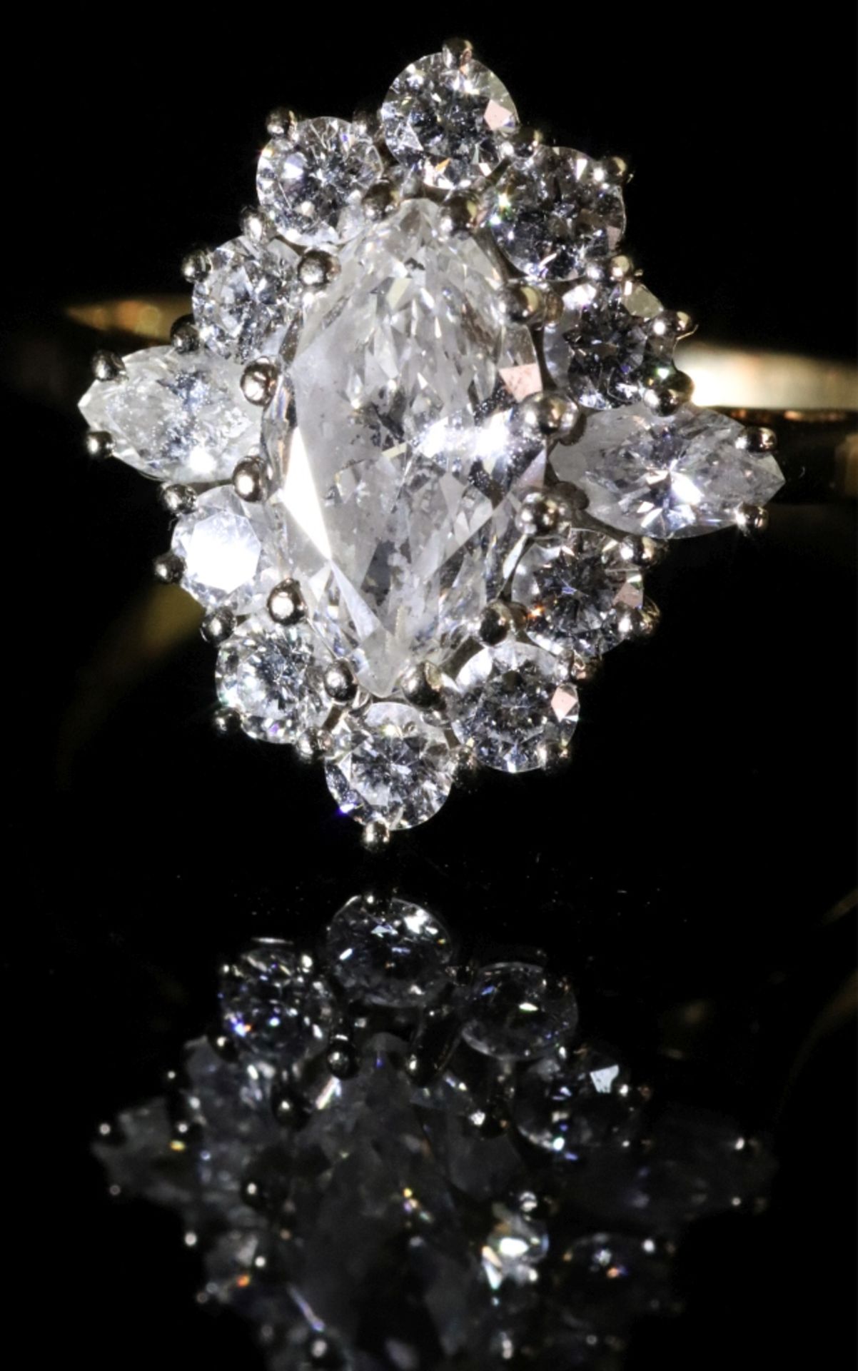 An 18ct gold and marquise diamond cluster ring, the central marquise diamond, - Image 3 of 3