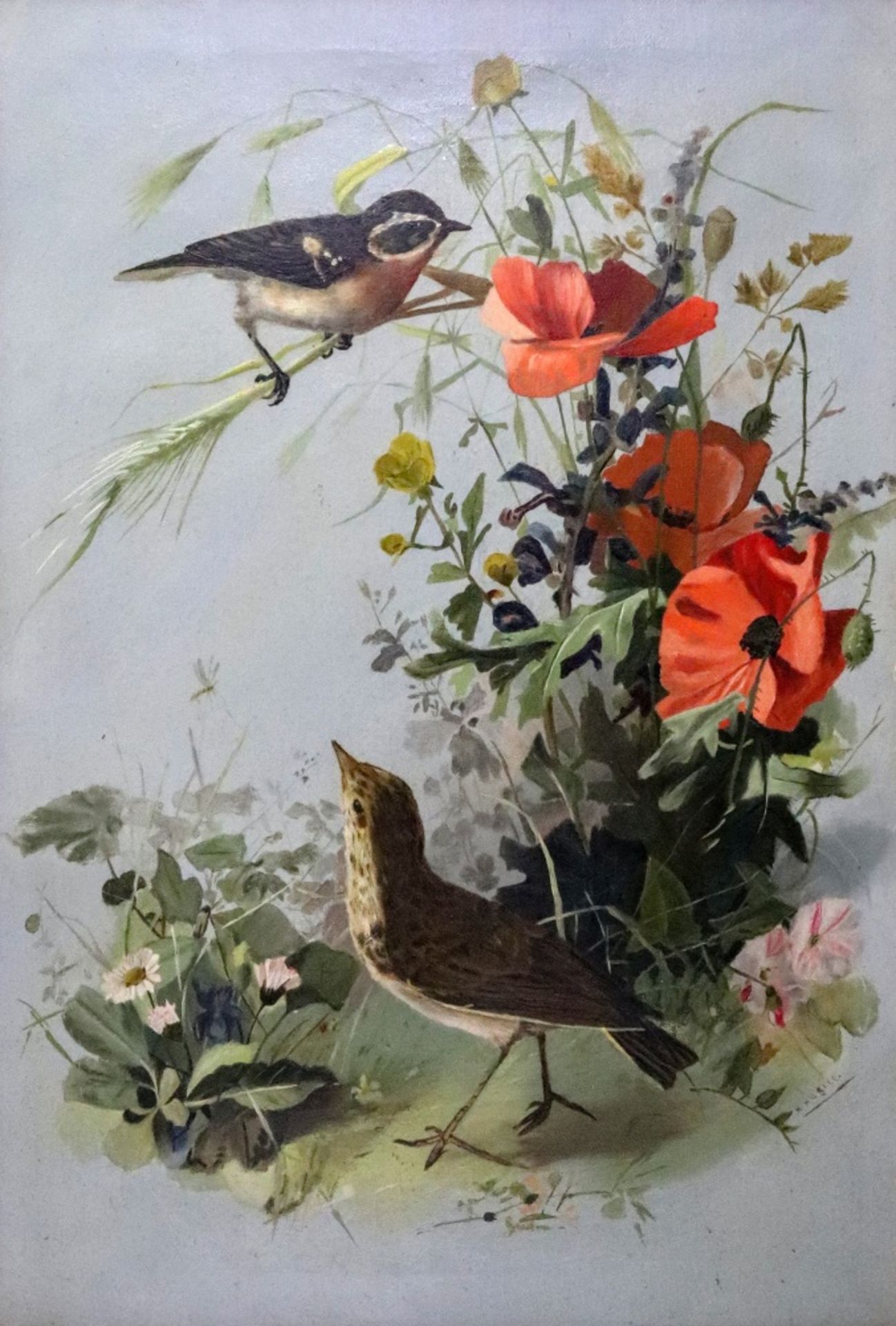 H Hugill (British, 20th Century), Two birds with poppies, signed 'H Hugill' (lower right),