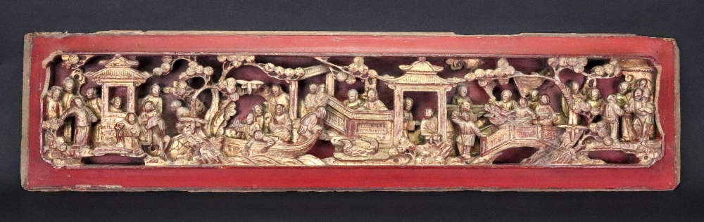 A Chinese painted and gilded wood panel, late 19th century, carved with figures, animals,