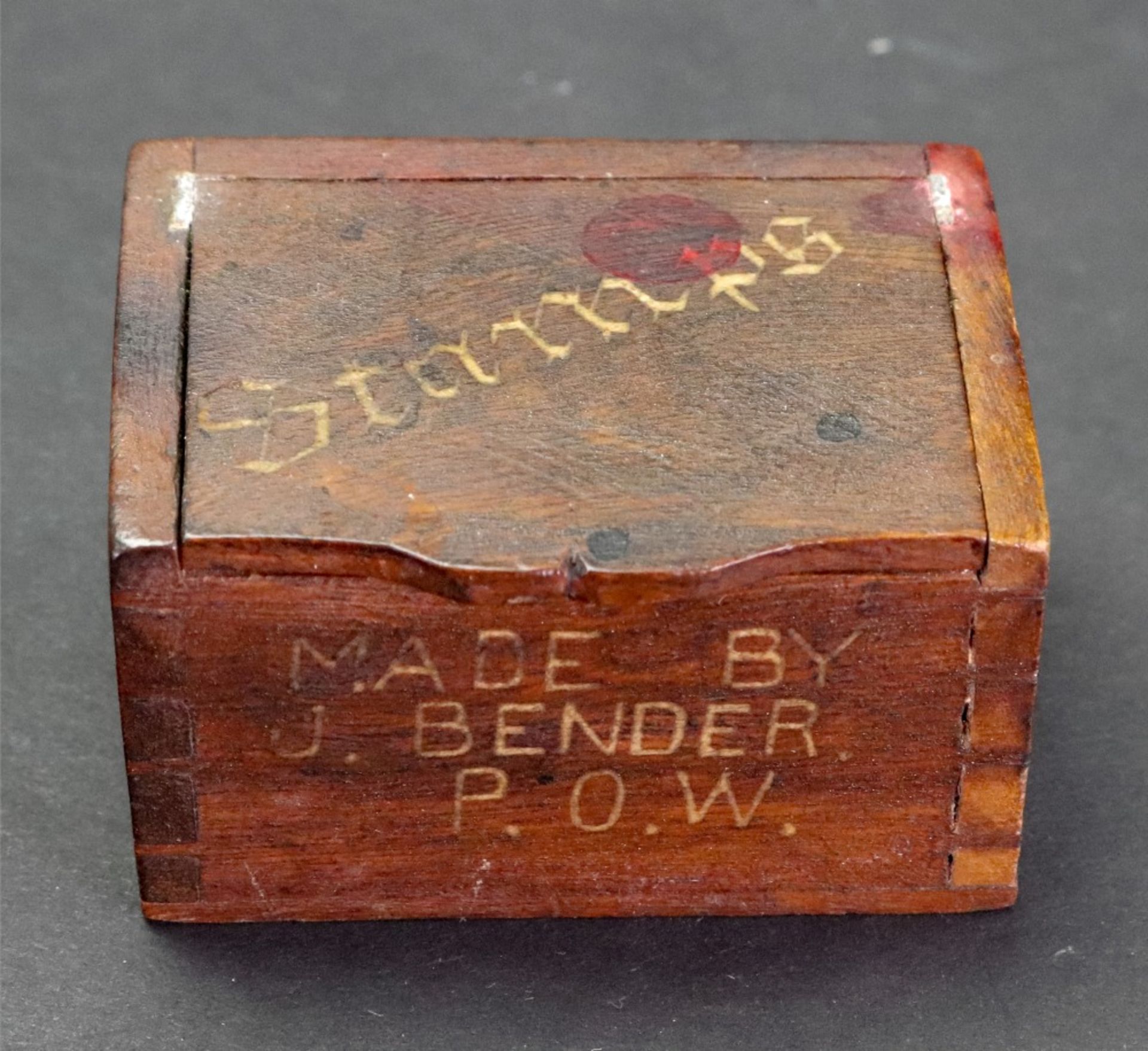 A Victorian Tunbridgeware stamp box, the pull-off cover depicting a stamp, 4 x 3. - Image 2 of 4