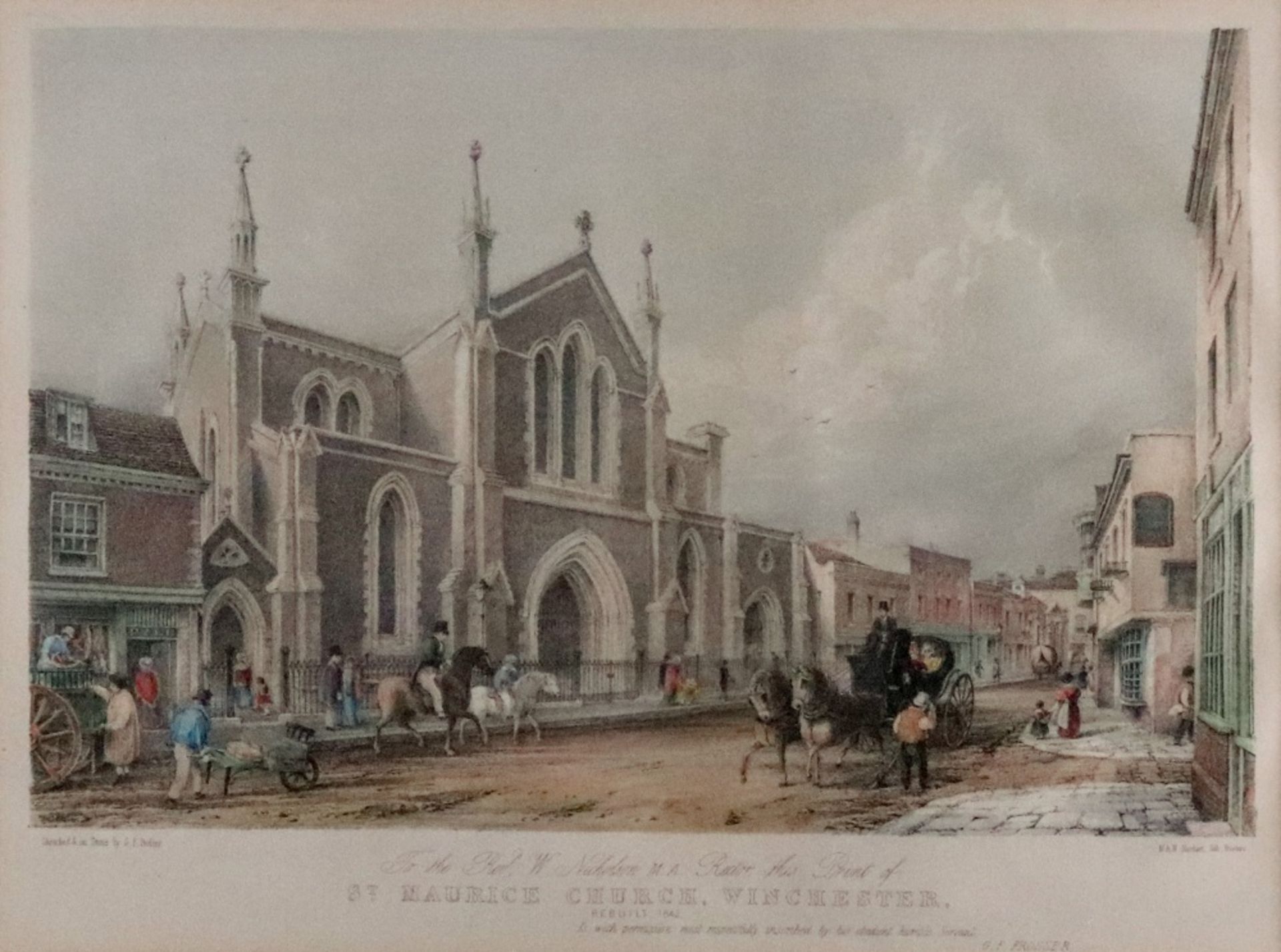 After George Frederick Prosser, St Maurice Church, Winchester, Rebuilt 1842, colour lithograph,