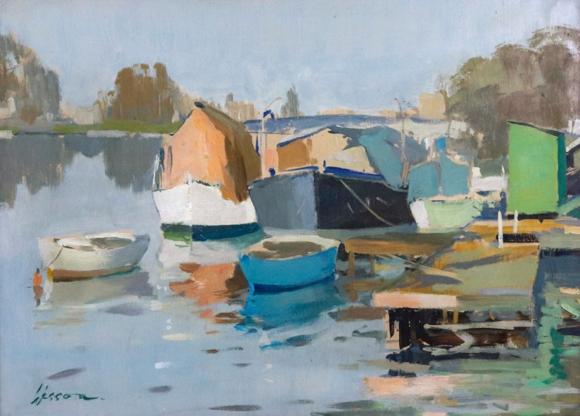 Edward Wesson (British, 1910-1983) Moorings at Kingston on Thames, signed 'Wesson' (lower left),