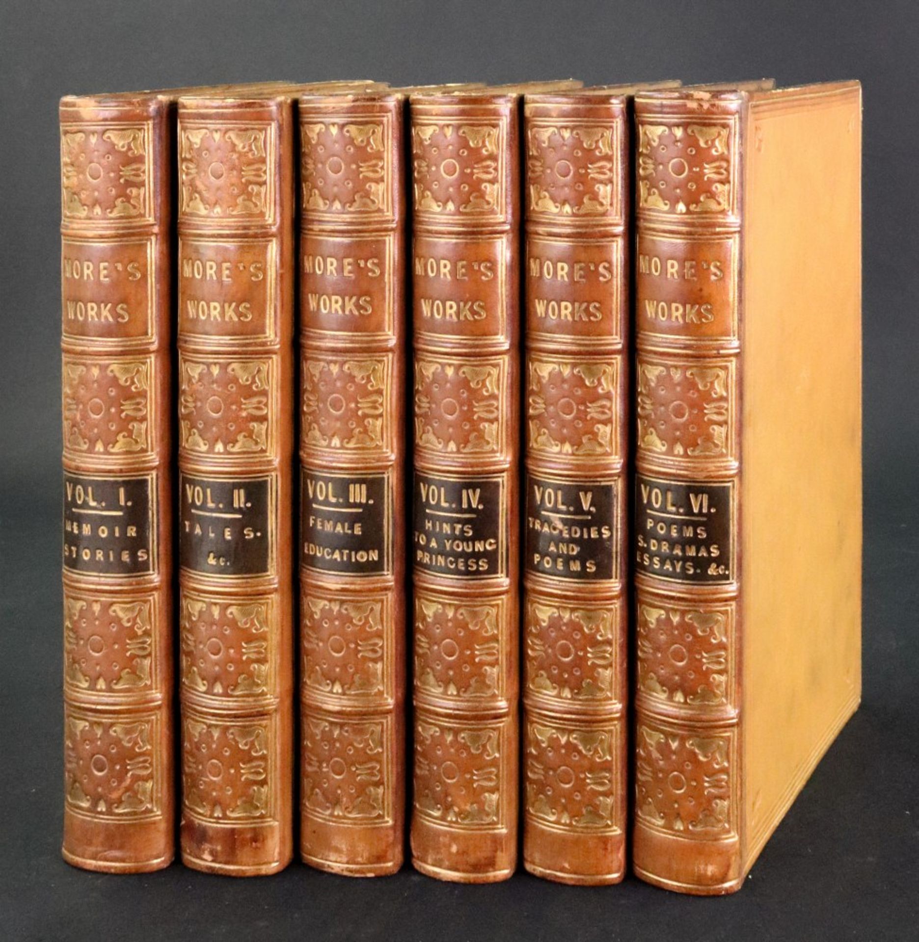 The Works of Hannah More, 6 volumes, 1838, full gilt ruled calf.