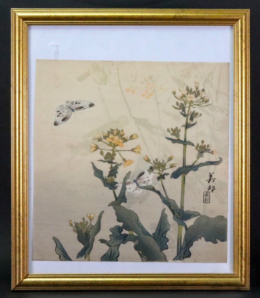 A Japanese watercolour of butterflies and flowers, signed, 24 x 23cm. - Image 2 of 2