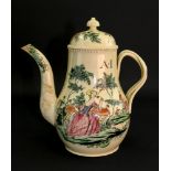 A Leeds creamware pear shape coffee pot and cover, circa 1770, set with an entwined ribbed handle,