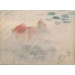 A Japanese watercolour on silk of two fish in a pond, signed, 26 x 35cm.