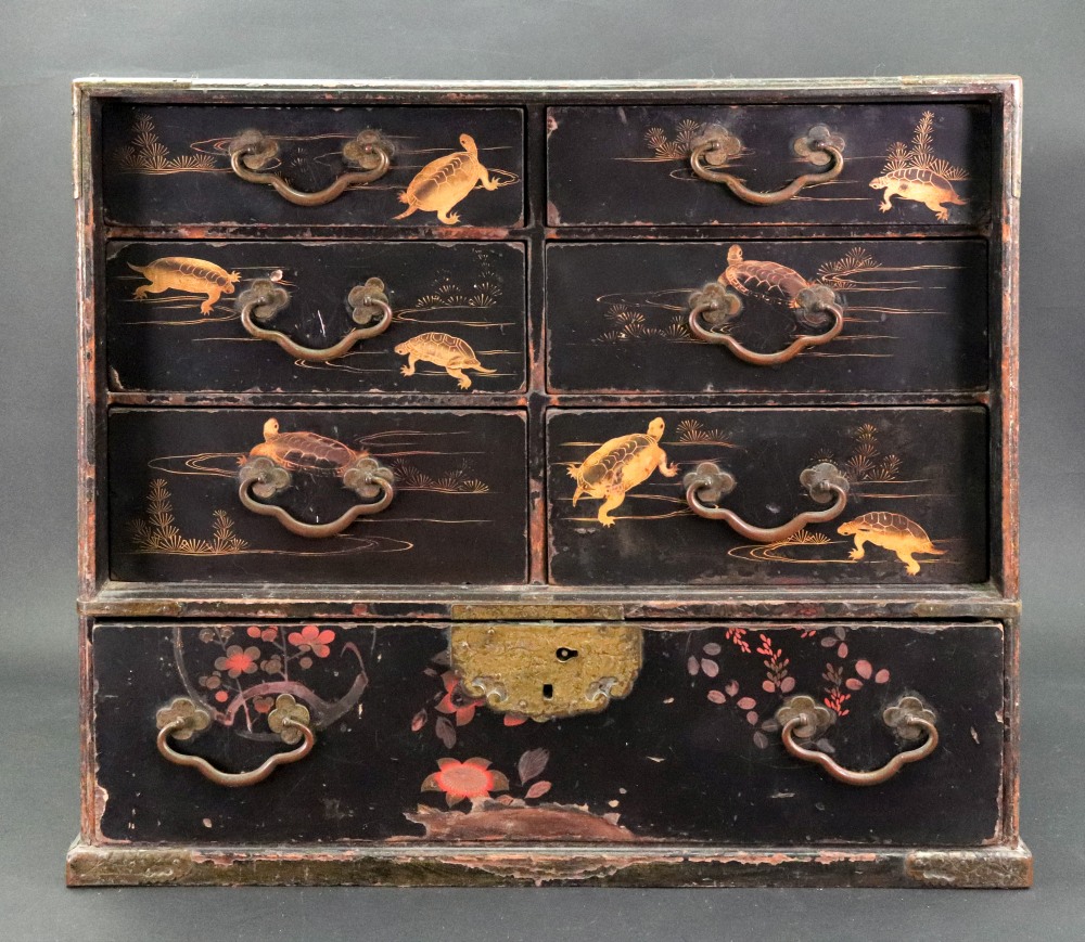 A Japanese black lacquer table cabinet, Meiji period, of rectangular form,